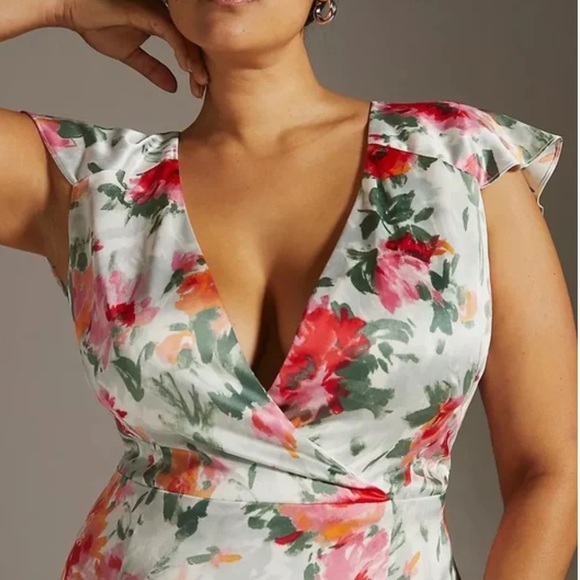 Anthropologie x Hutch Faux Wrap 6P / Sm Pink Green Floral Silky Maxi Dress - Picture 4 of 9